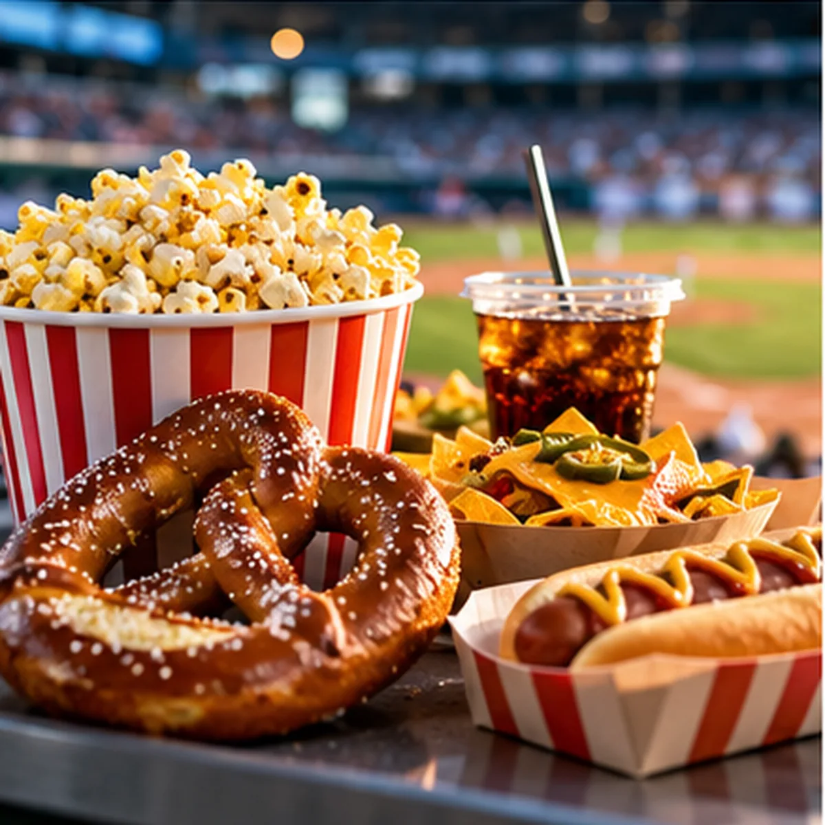 Illustrative image: ballpark snacks on a rail overlooking the field, including a soft pretzel, popcorn, nachos, a hot dog and a soda