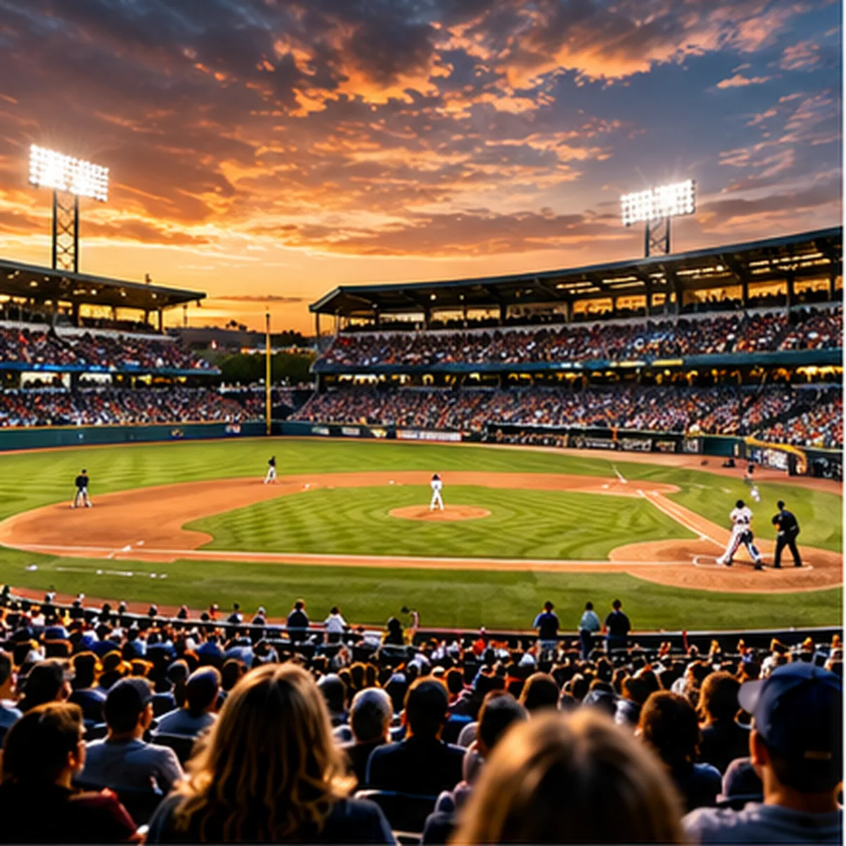 Illustrative image: a full minor league ballpark at sunset with a batter at the plate and the lights on