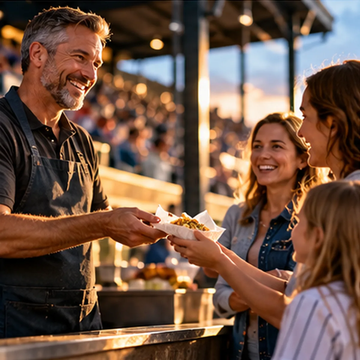 Illustrative image: a concession worker handing a food sample to a mother and daughter on the ballpark concourse