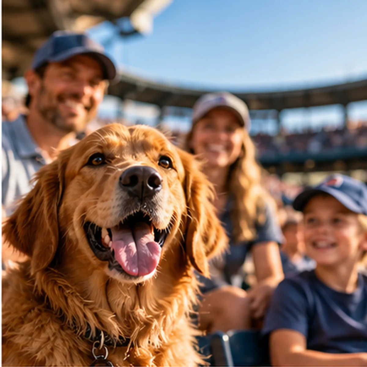Illustrative image: a golden retriever sitting with a smiling family in the stands during a dog-friendly ballpark game