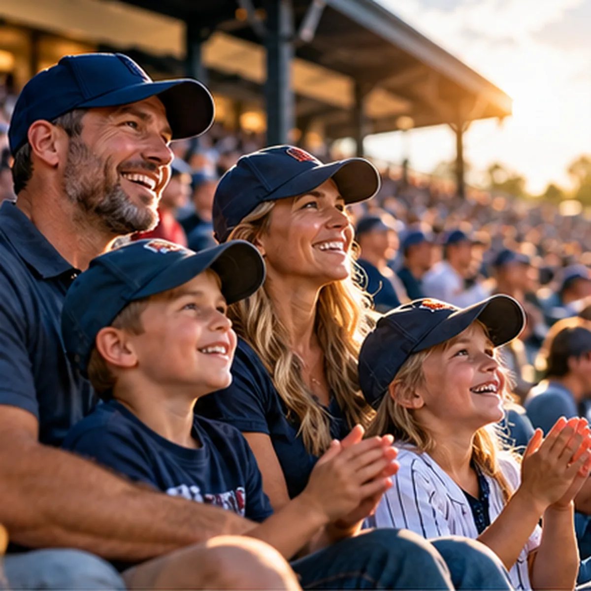 Illustrative image: a family in navy caps smiling and clapping in the stands at an evening ballgame