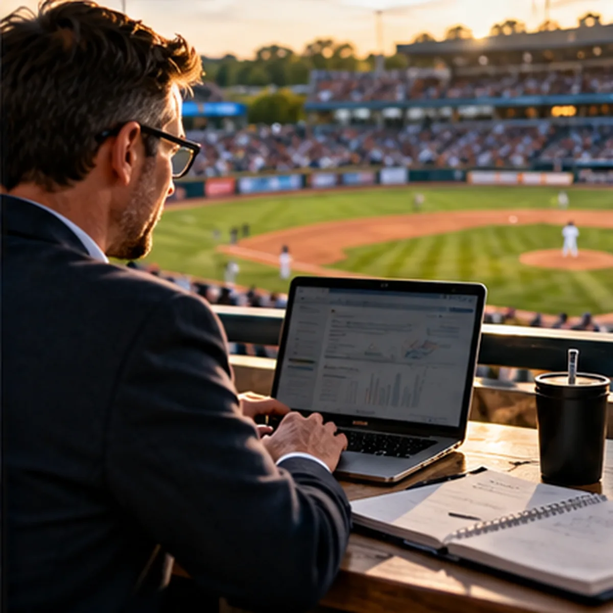 Illustrative image: a media buyer reviewing a campaign dashboard on a laptop in a ballpark press level during a game