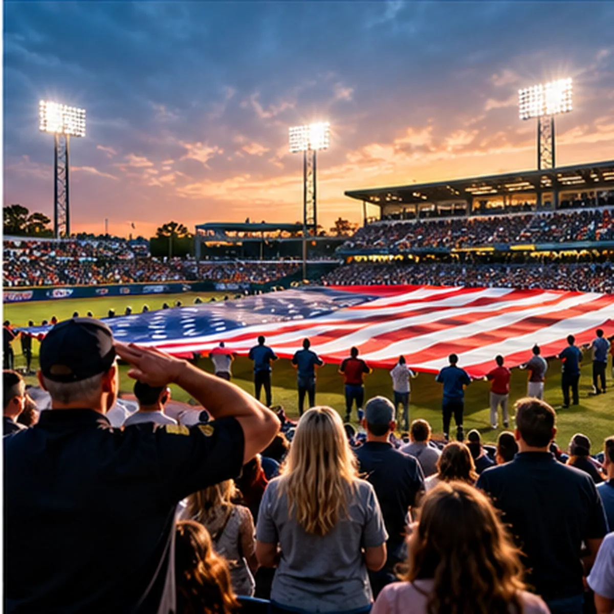 Illustrative image: a fan saluting as volunteers hold a field-sized American flag at a military appreciation night