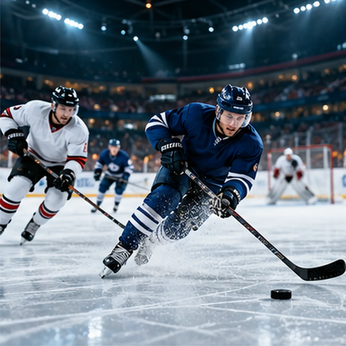 Illustrative image: two hockey players racing for the puck under arena lights in front of a full crowd