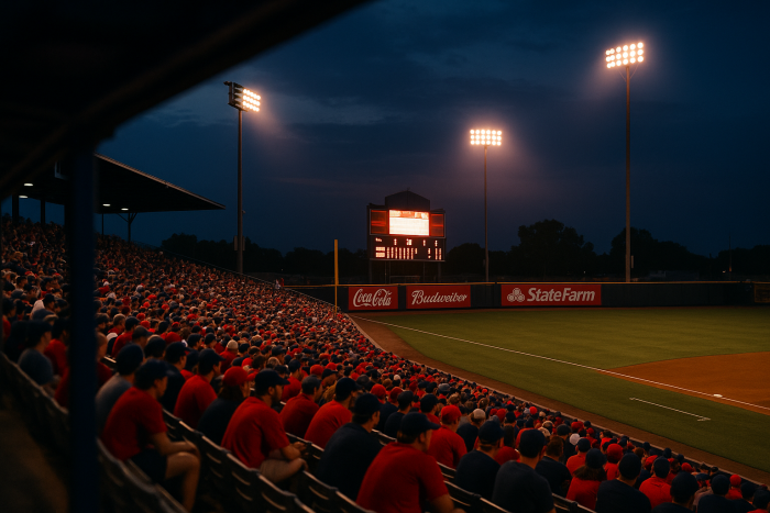 Packed minor league baseball stadium at dusk under floodlights with a glowing scoreboard, playoff-style crowd in red and navy